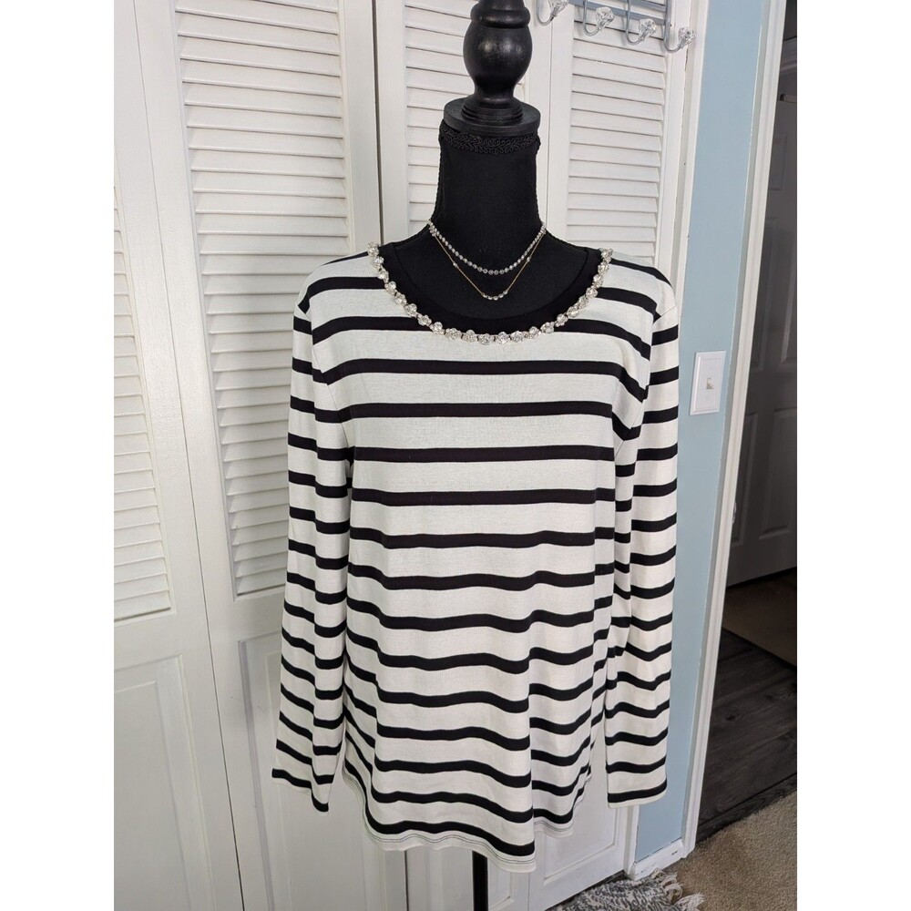 Rafaella Crew Striped Tee Women's L Black White Rhinestones Embellished Knit